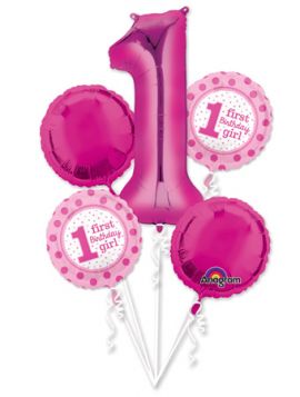 1st Birthday Polka Dot Girl Balloon Bouquet - 5 Balloons