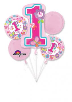 Sweet 1st Birthday Girl Balloon Bouquet- 5 Balloons