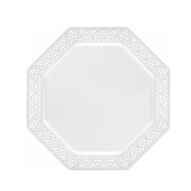 Lacetagon - 9.25" Plastic White Plate -  Pearl White Rim - 10 Count
